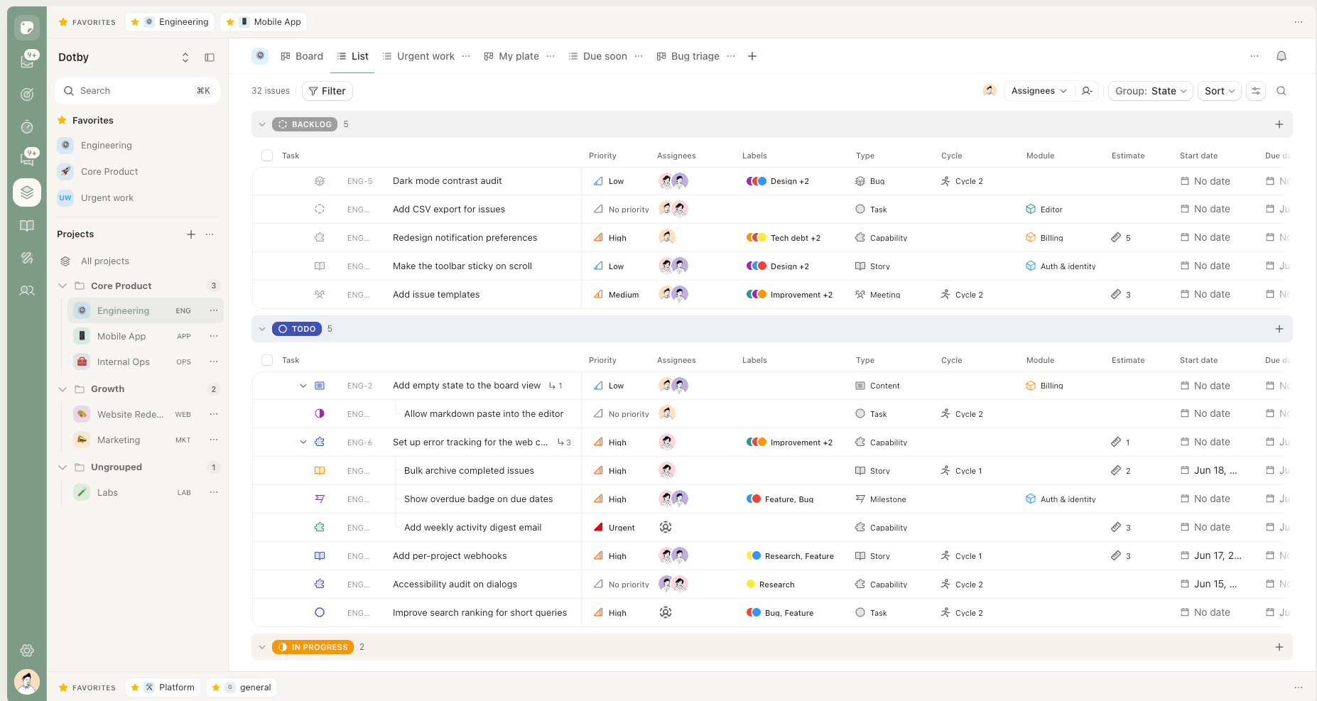 dotby list view grouping issues by status with priority, assignees and labels