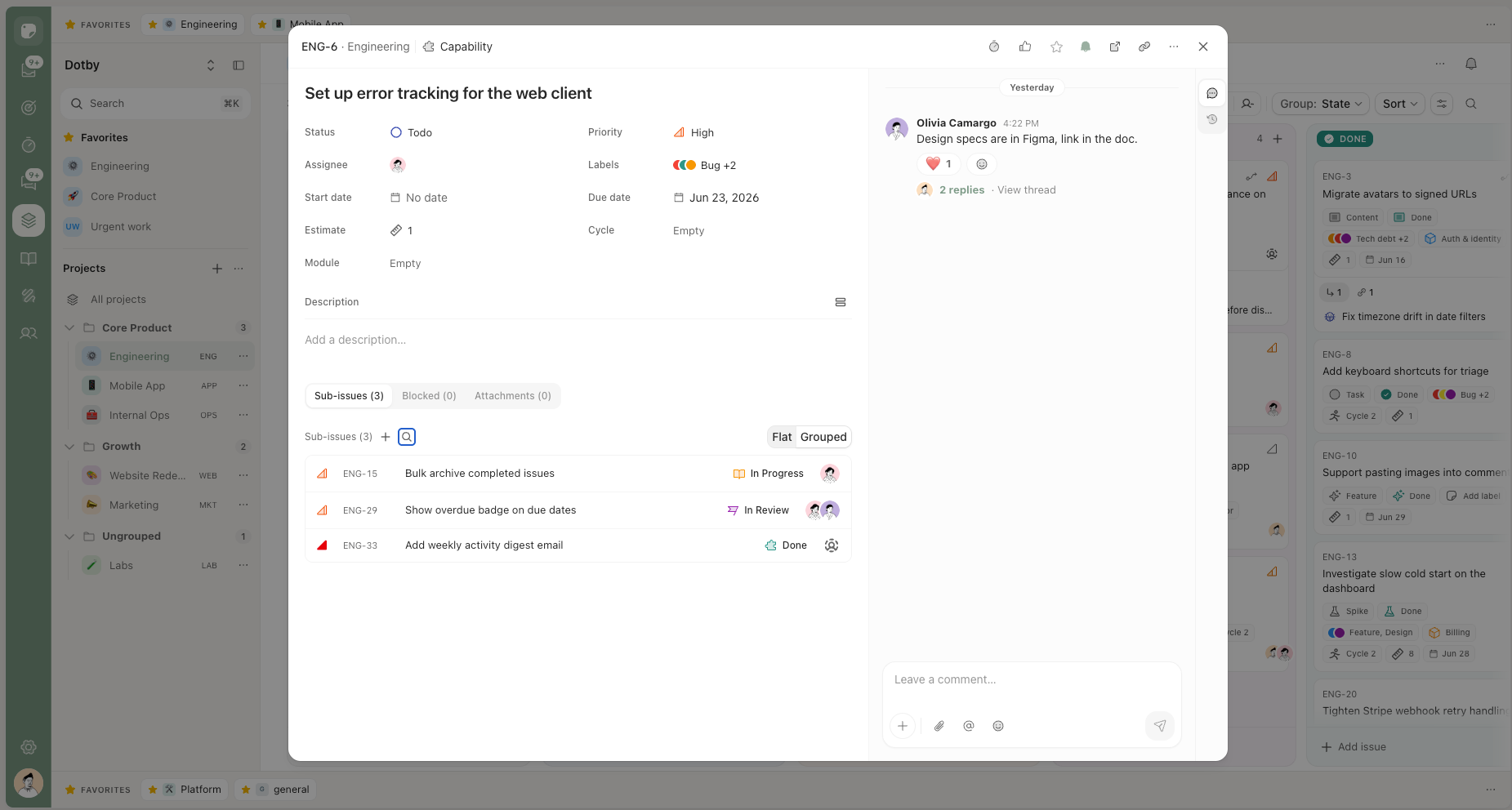 dotby task detail with sub-issues, comments and activity timeline